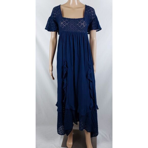 Free People Bring the Romance Midi Dress Womens XS Blue Sheer Lace Ruffles - Picture 1 of 12